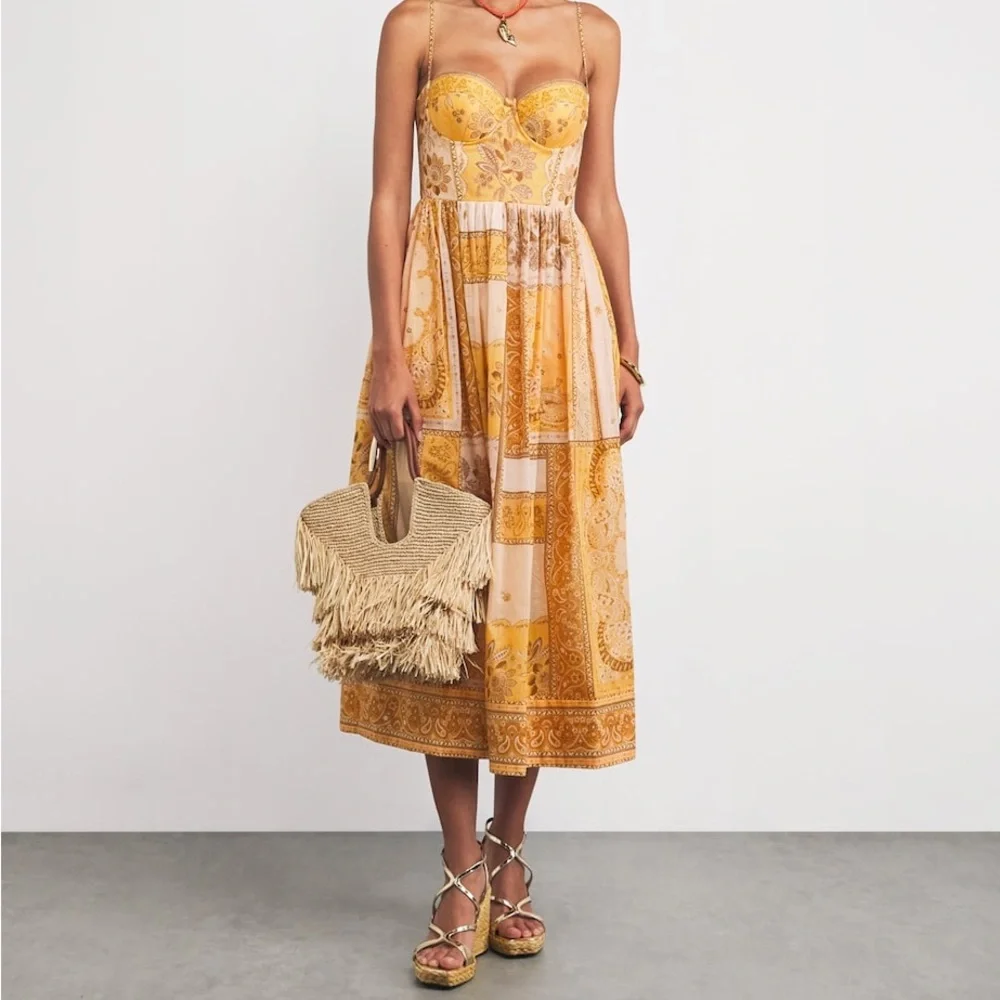 NWT Zimmermann Mustard Bandanna Lucky Corset Patterned Midi Dress - Picture 1 of 9